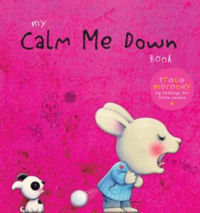 Book cover of ‘My Calm Me Down Book’ from The Feeling series by Trace Moroney, featuring soothing pastel colours, simple illustrations of calming nature scenes, and gentle, inviting text.