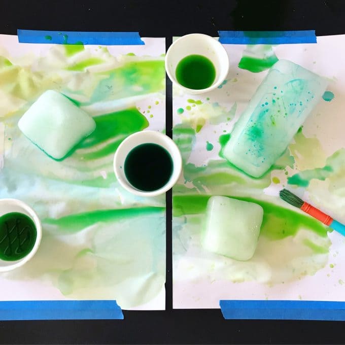 A children's art example using painting and ice blocks