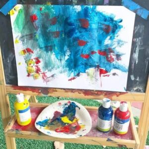 A process art masterpiece using red, blue and yellow paints