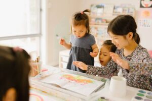 Siblings doing process art by painting on a paper