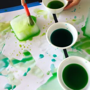 A toddler painting a block of ice with green paint, as the ice melts, creating a beautiful pattern with varying hues of green.
